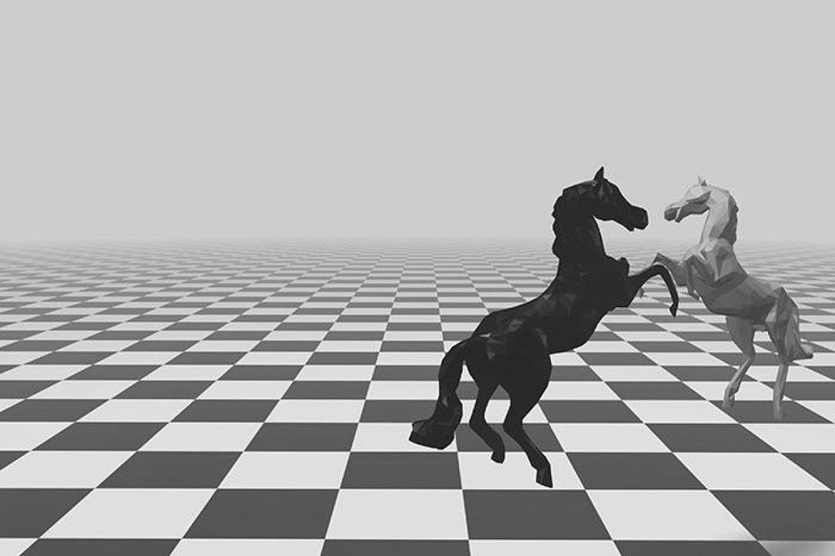 Chess checkered background with black and white horses and copy space.